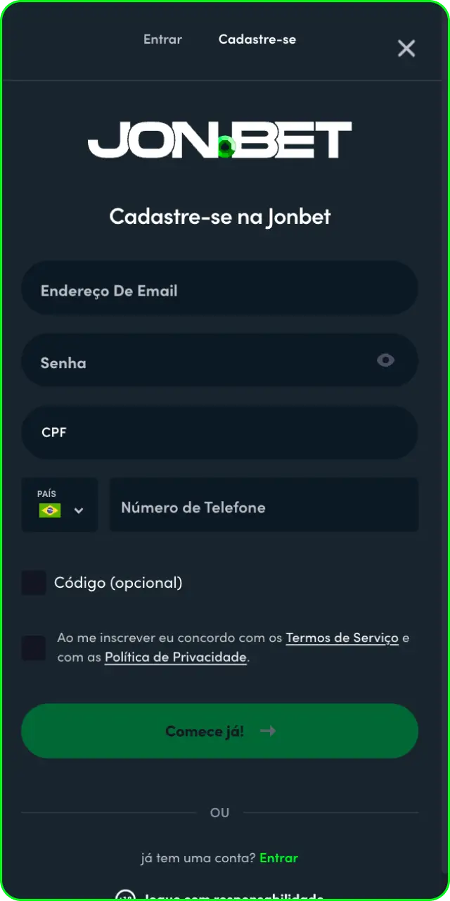 Complete seu cadastro na interface do aplicativo Jonbet no Brasil.