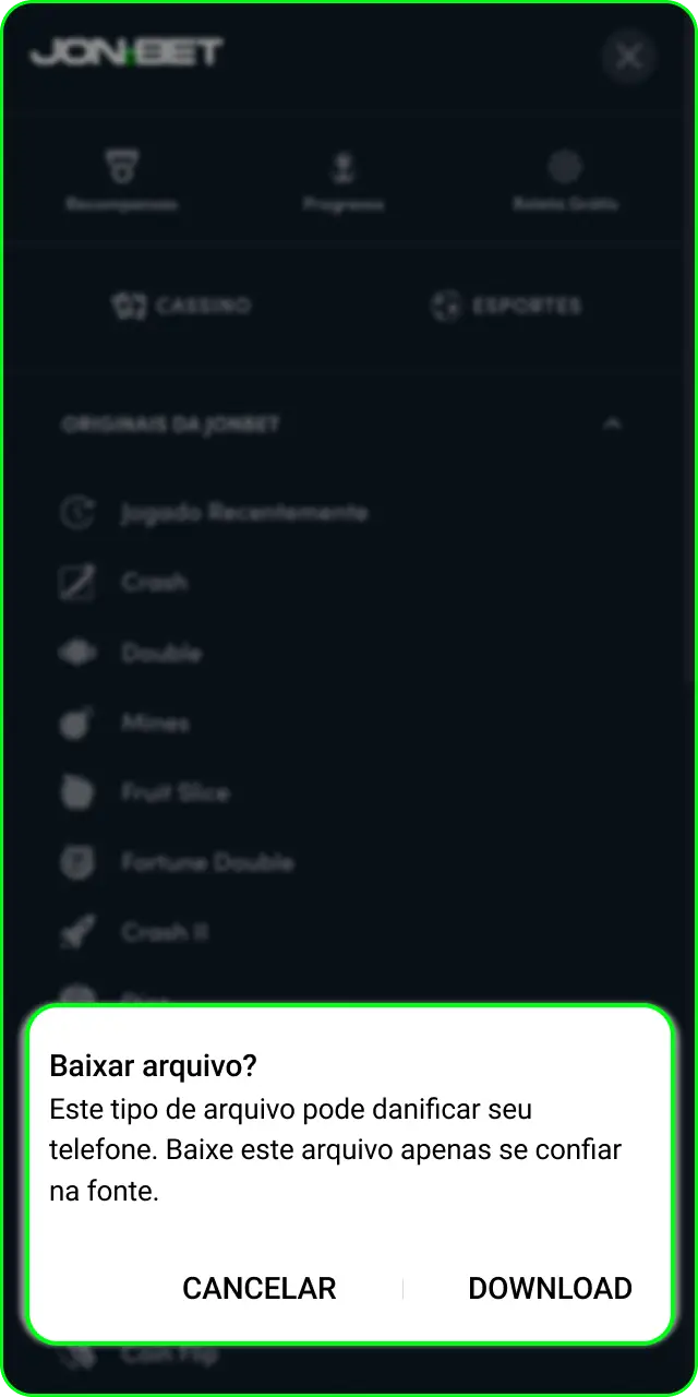 Aguarde o download do arquivo no Android para ter o aplicativo Jonbet.