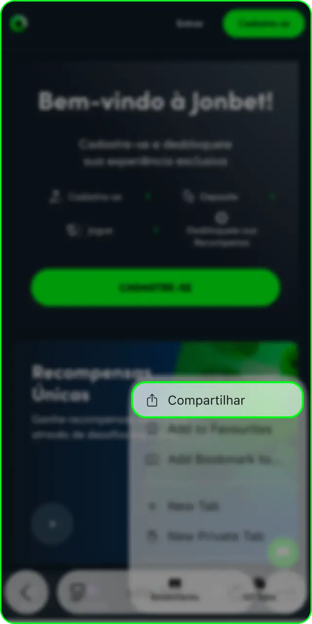 Toque no ícone de compartilhamento no iOS para baixar o aplicativo Jonbet.