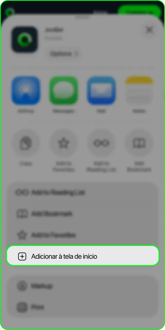 Selecione adicionar à tela de início no iOS para criar o aplicativo Jonbet.