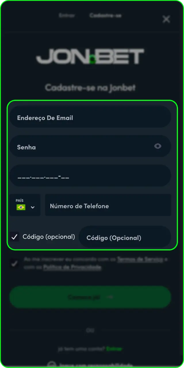 Preencha o formulário no guia passo a passo do Aviator na Jonbet.