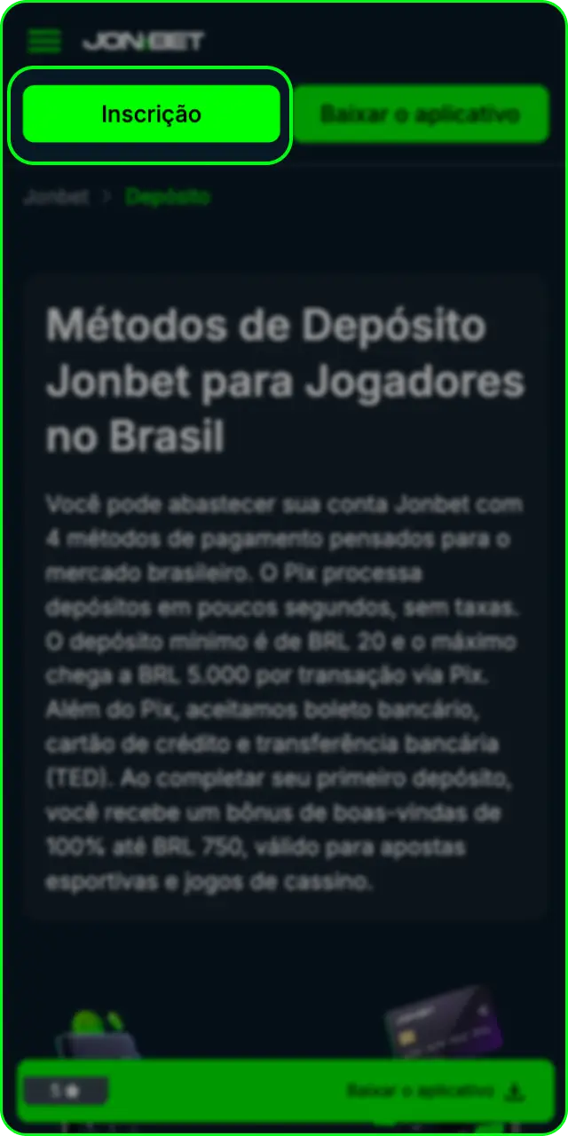 Acesse sua conta e siga as instruções de depósito na Jonbet.