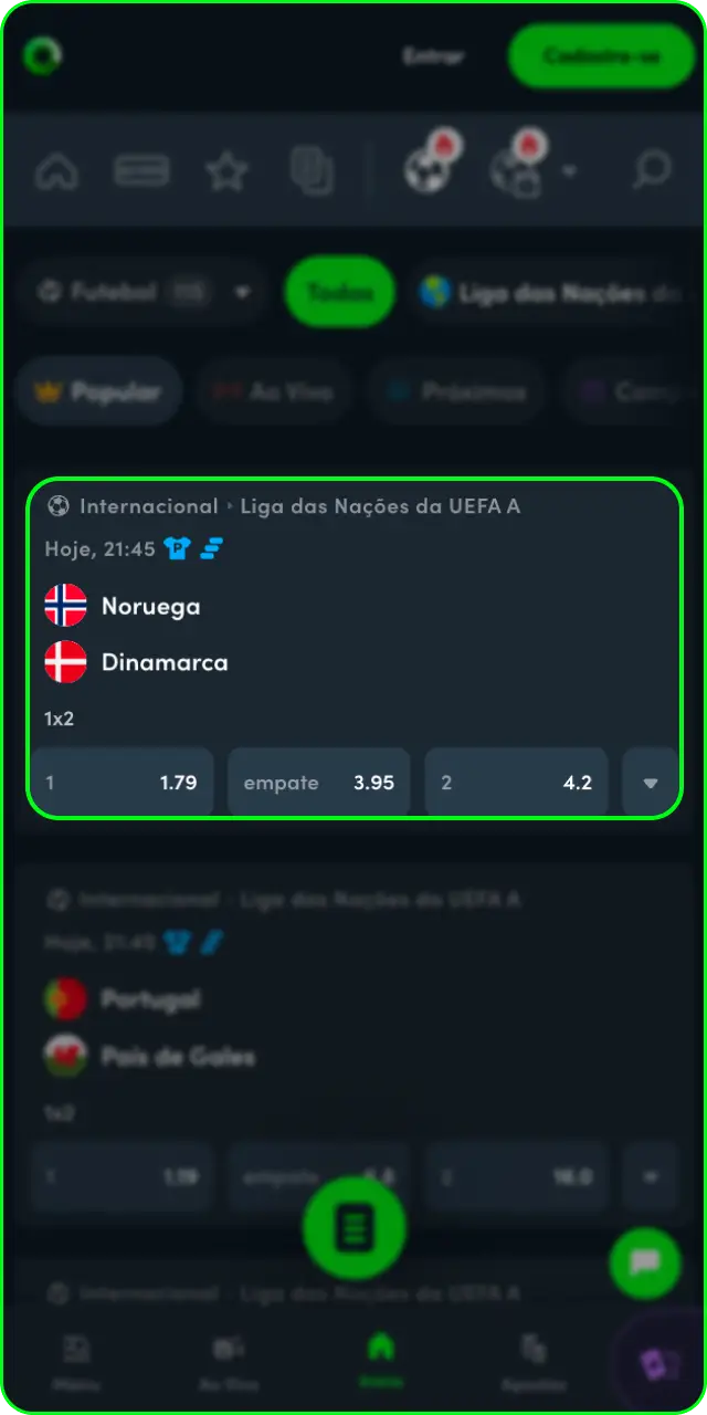 Escolha a partida desejada no catálogo para apostar em futebol na Jonbet.