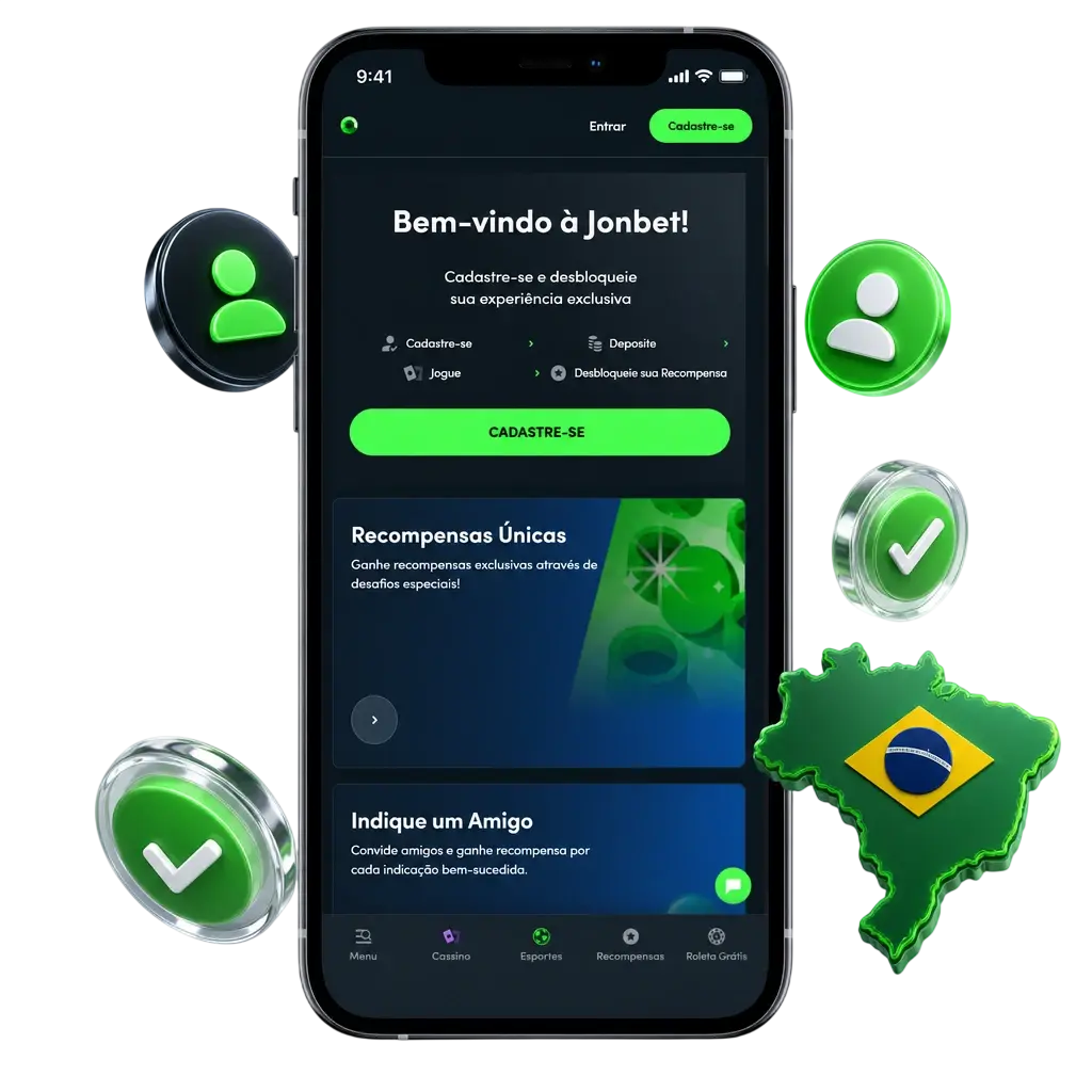 Passo a passo para criar uma conta no aplicativo Jonbet, do download ao cadastro finalizado com sucesso.