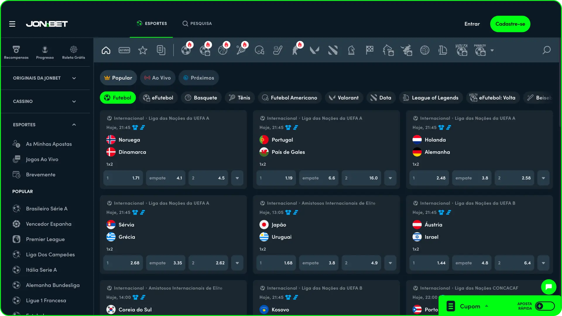 Explore a seção de apostas esportivas no site oficial da Jonbet.