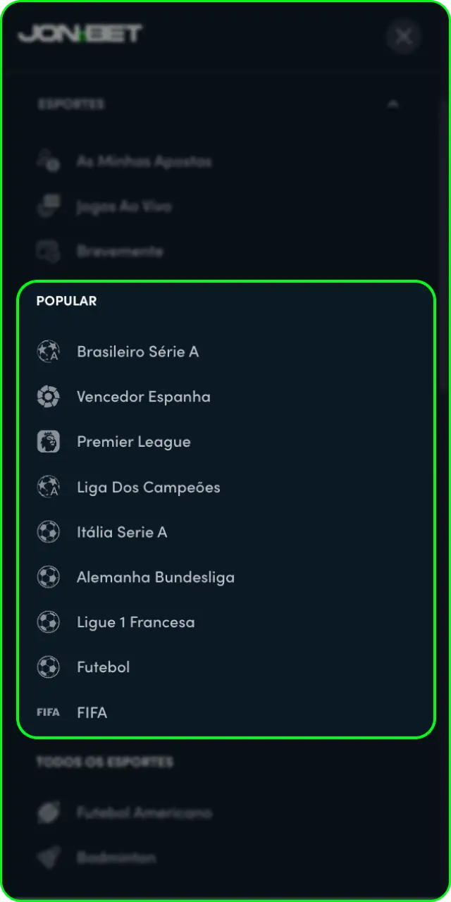 Escolha o esporte desejado para apostar na Jonbet agora.