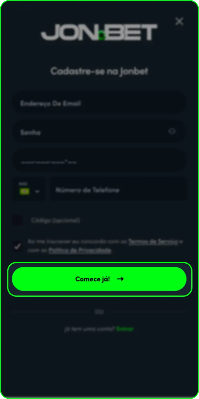 Confirme o número de celular e conclua o cadastro no aplicativo Jonbet.