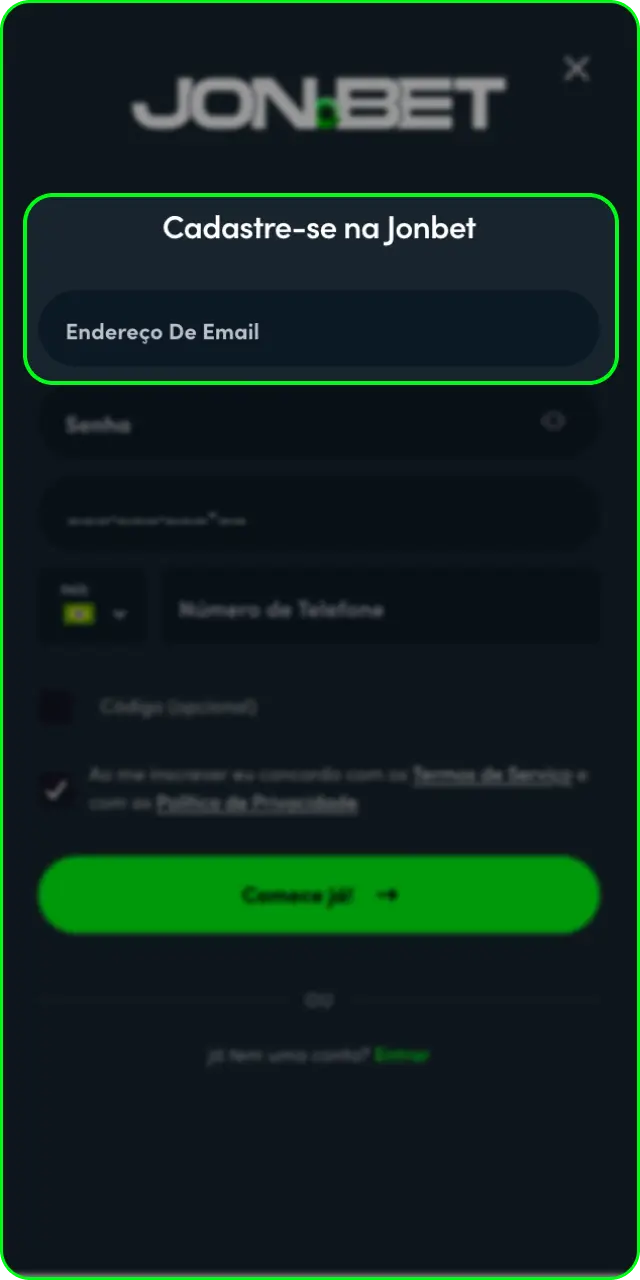 Toque em “Criar Conta” na tela inicial para se registrar no aplicativo Jonbet.