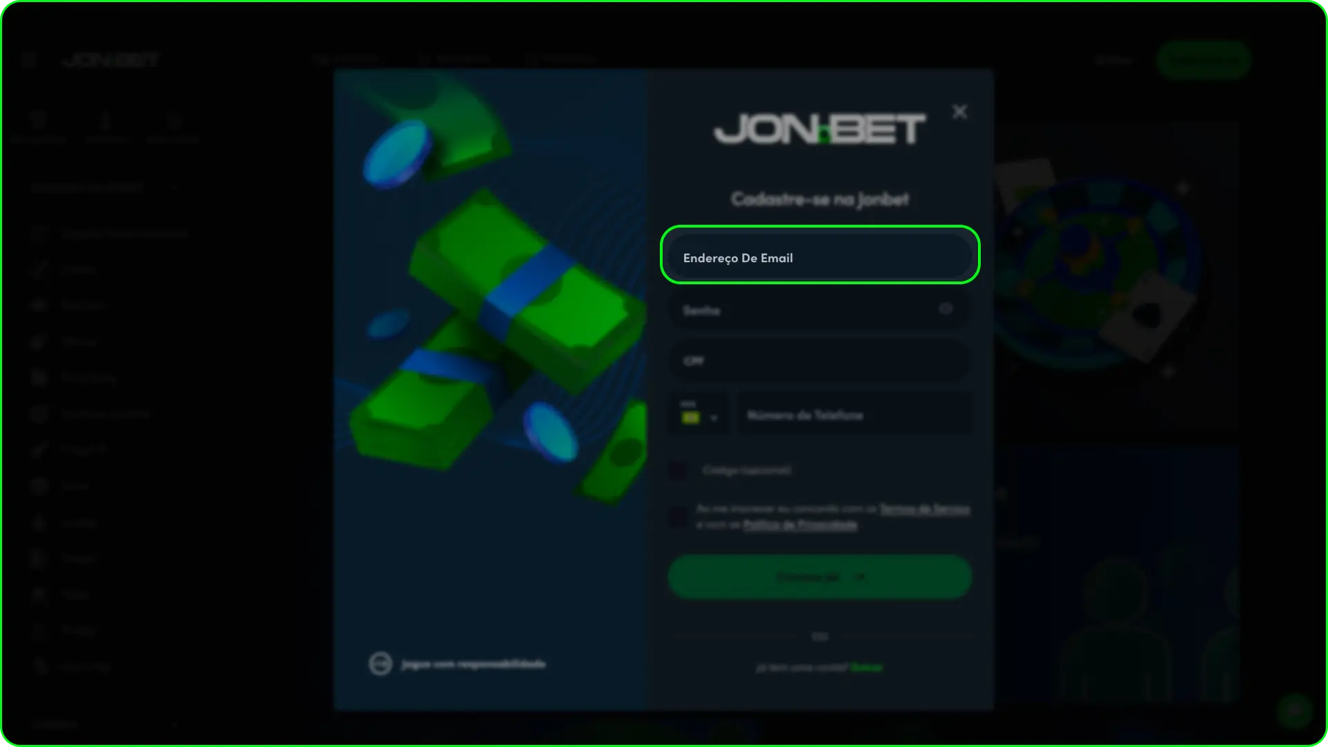 Escolha o método de cadastro para avançar em como se registrar na Jonbet.