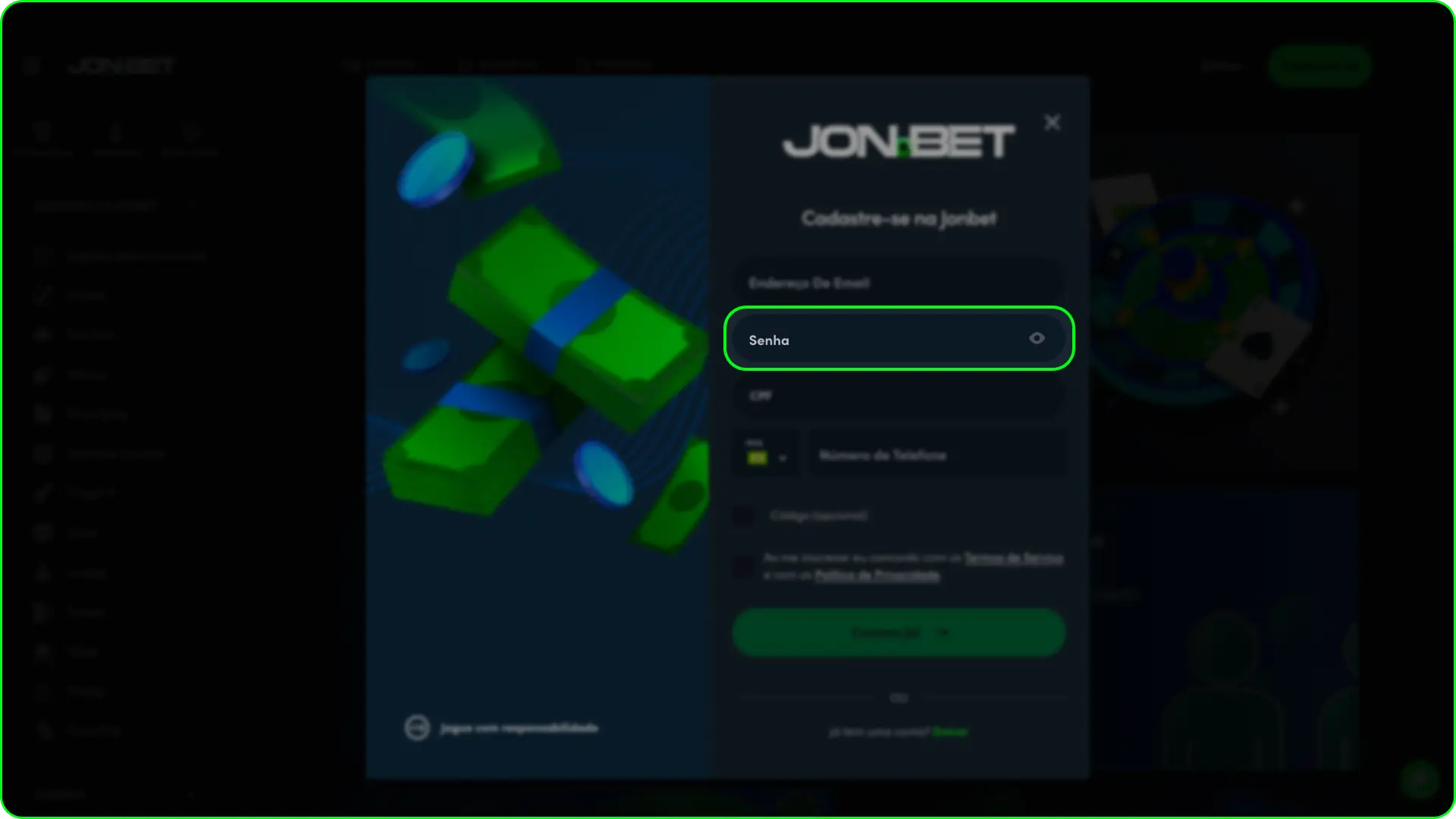 Crie senha e confirme durante as etapas de como se registrar na Jonbet.